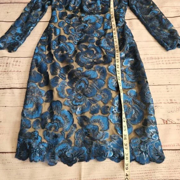 Tadashi Shoji Blue Lace Floral Mesh Sequin Cocktail Dress Womens 4 NWT - Picture 4 of 9